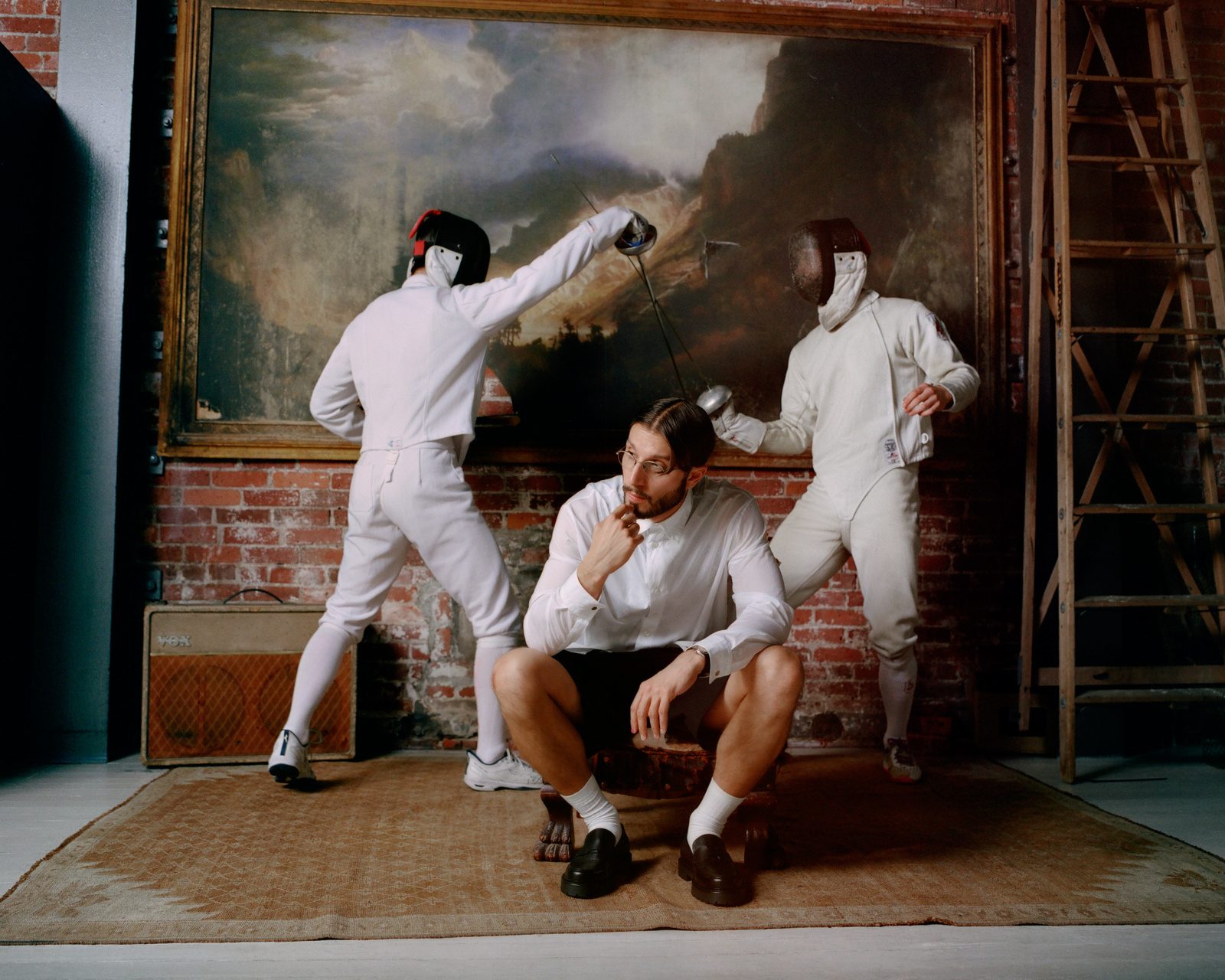 On set: building the Montecristo Magazine bbno$ cover — fencers at work in front of a scenic painting